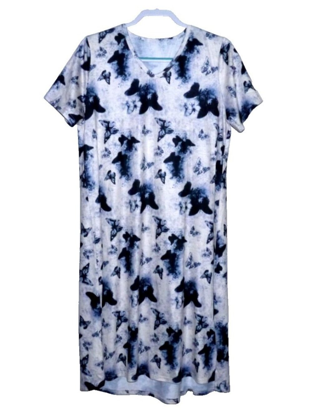 Vobcty T Shirt dress blue, black & white butterflies V Neck Women's L Never Worn